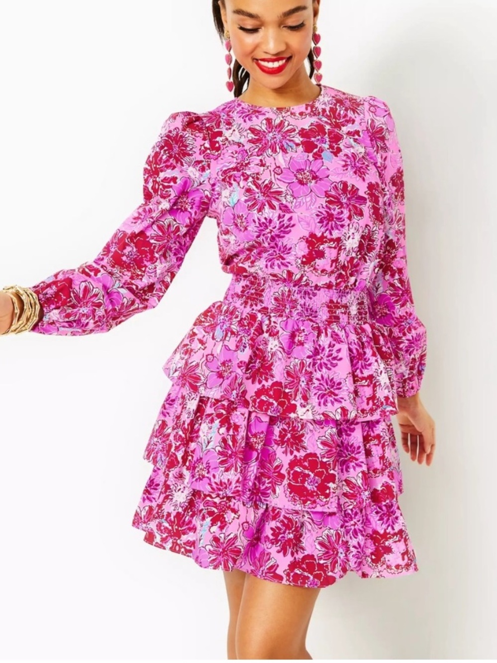 Lilly Pulitzer Hot Pink Floral Long-Sleeve Smocked Tiered Dress
